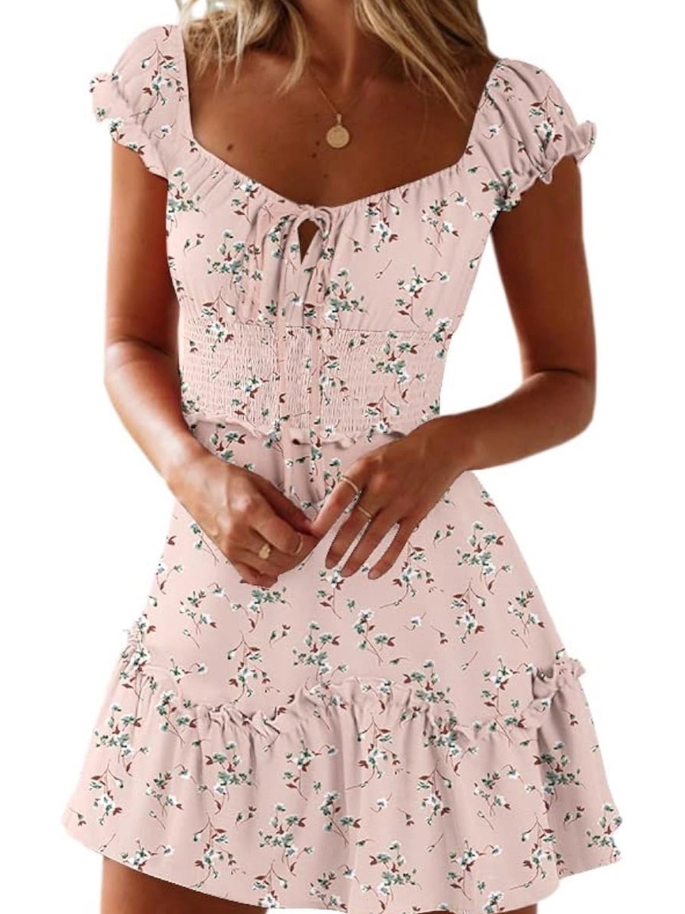 Blush Pink Floral Smocked Mini Dress with Ruffle Hem